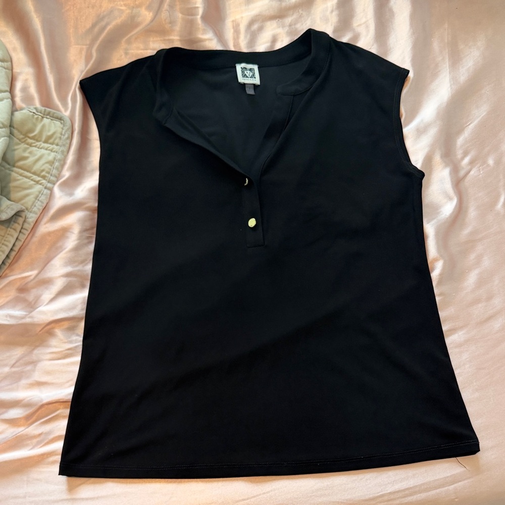 Anne Klein Black Sleeveless Henley Tank with Gold Buttons